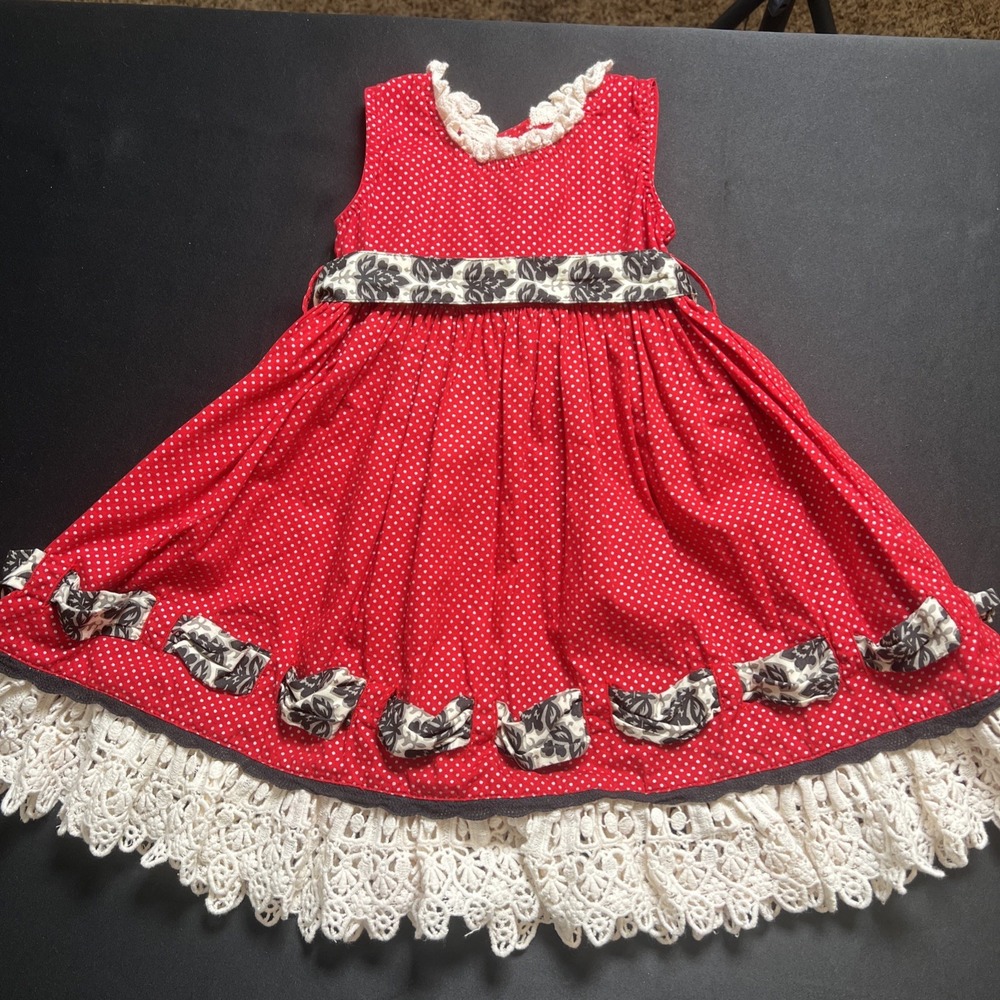 Mustard‎ Pie Girls 12 Mth Boutique Dress Red Polka Dot w/ Lace & Bow Trim